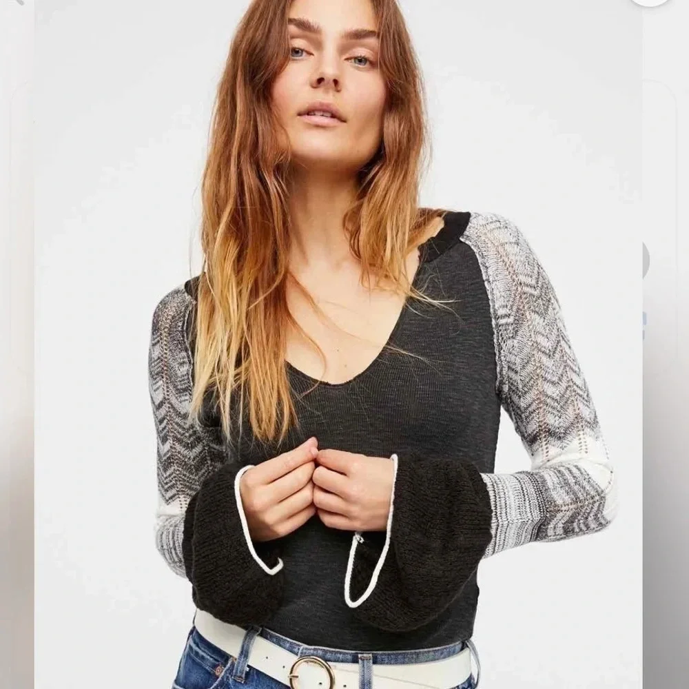 Free People Sunshine Thermal Knit Bell Sleeve Top Black Small Boho Casual Winter